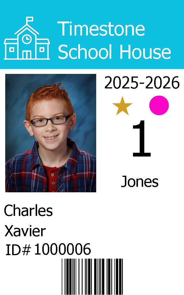 Student ID card for Charles Xavier from Timestone School House, showing details and photo.