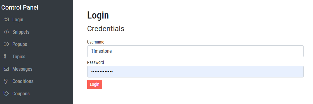 Login panel displaying username and password fields with a login button.