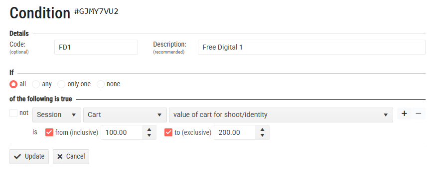 Condition settings for a digital offer with cart value range specified.