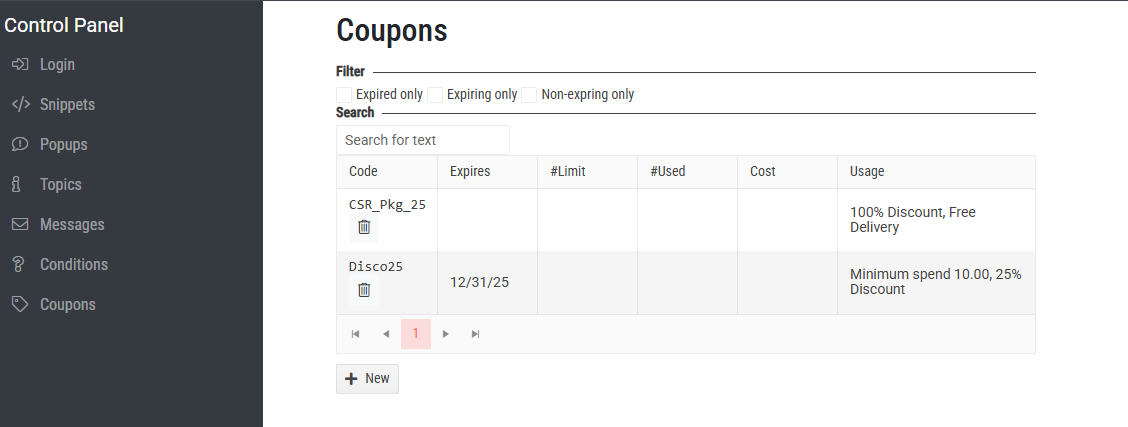 Control panel displaying coupon codes, expiration dates, and usage details for discounts.