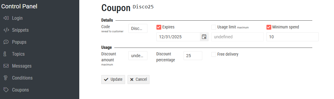 Coupon management interface showing details like expiration date and minimum spend requirements.