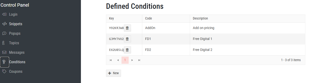 Control panel displaying defined conditions with keys, codes, and descriptions listed.