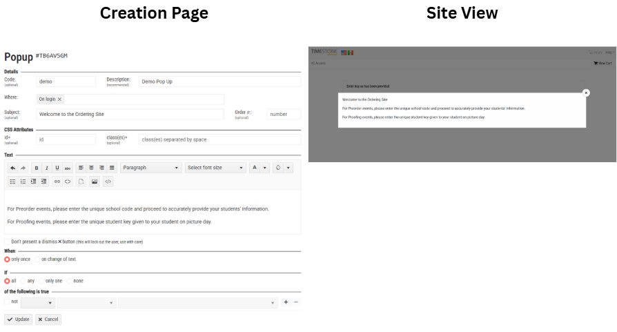 Popup creation page and site view displaying user instructions and information fields.