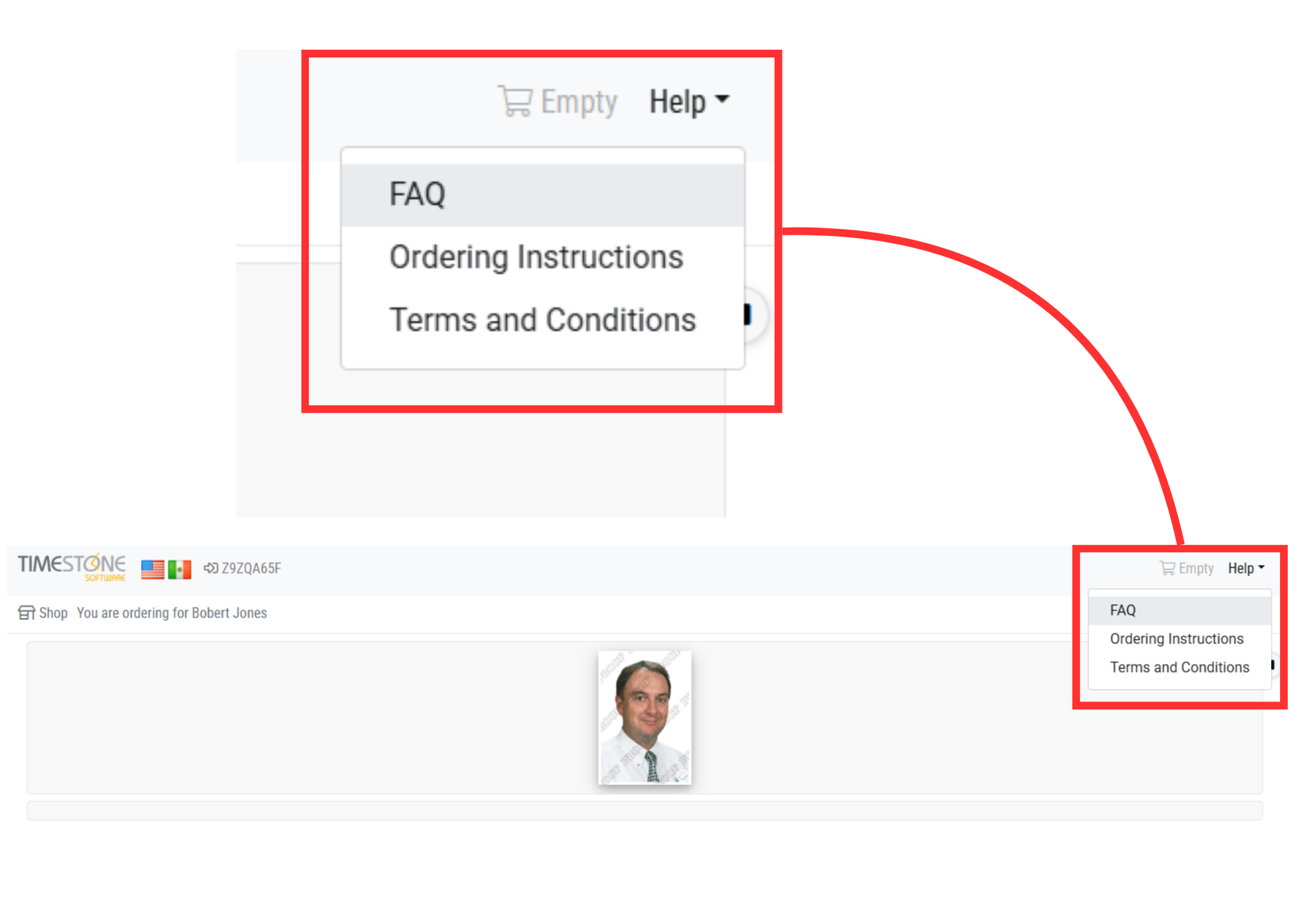 Help menu displaying FAQ, Ordering Instructions, and Terms and Conditions options.