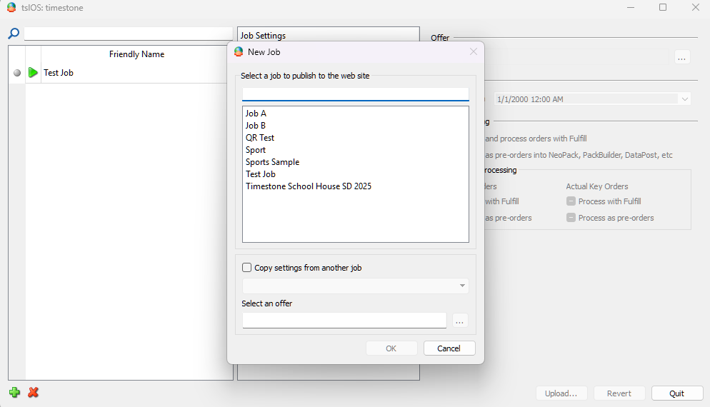 Job settings interface displaying options for selecting and publishing jobs to the website.