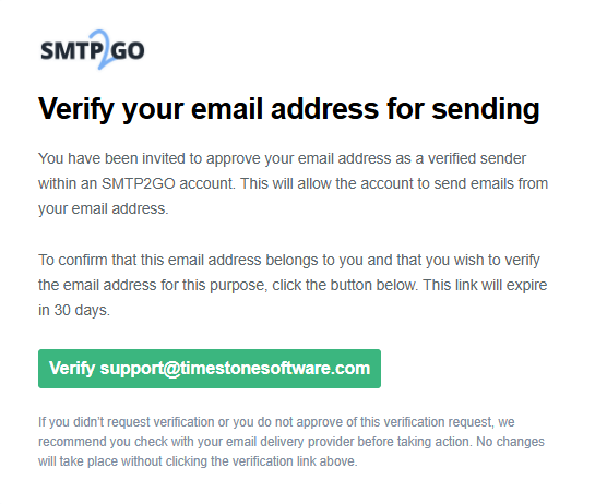 Email verification request from SMTP2GO to confirm your email address for sending.