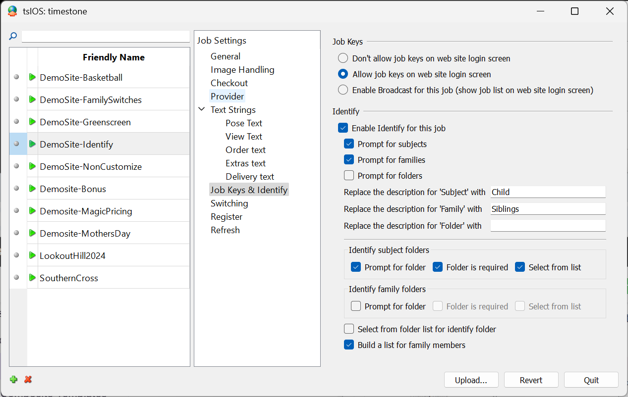Settings for job keys and identification options in a software interface.