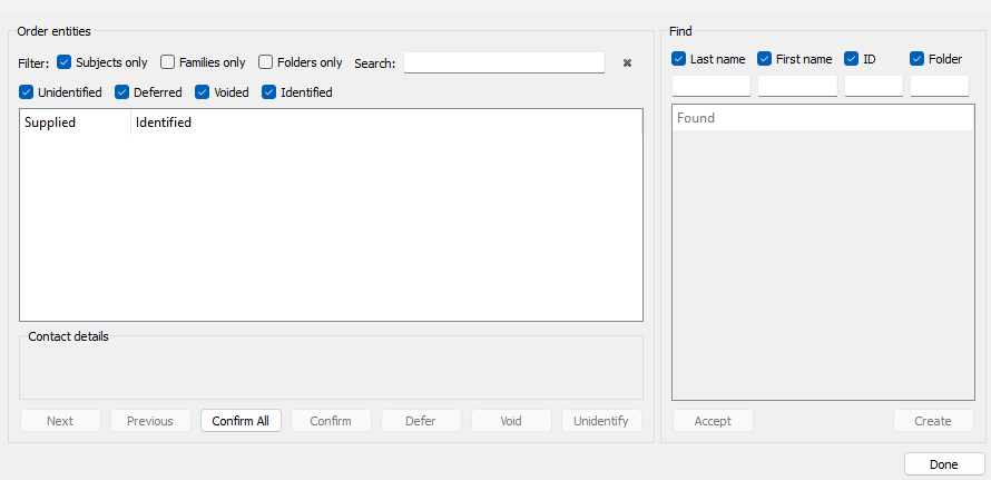 User interface for managing entities with options for filtering and confirming actions.