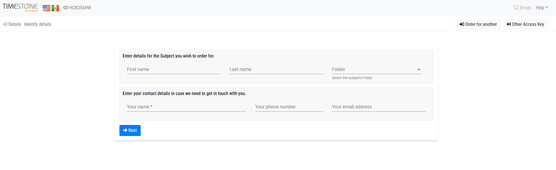 Form fields for entering personal and contact details on a software platform.