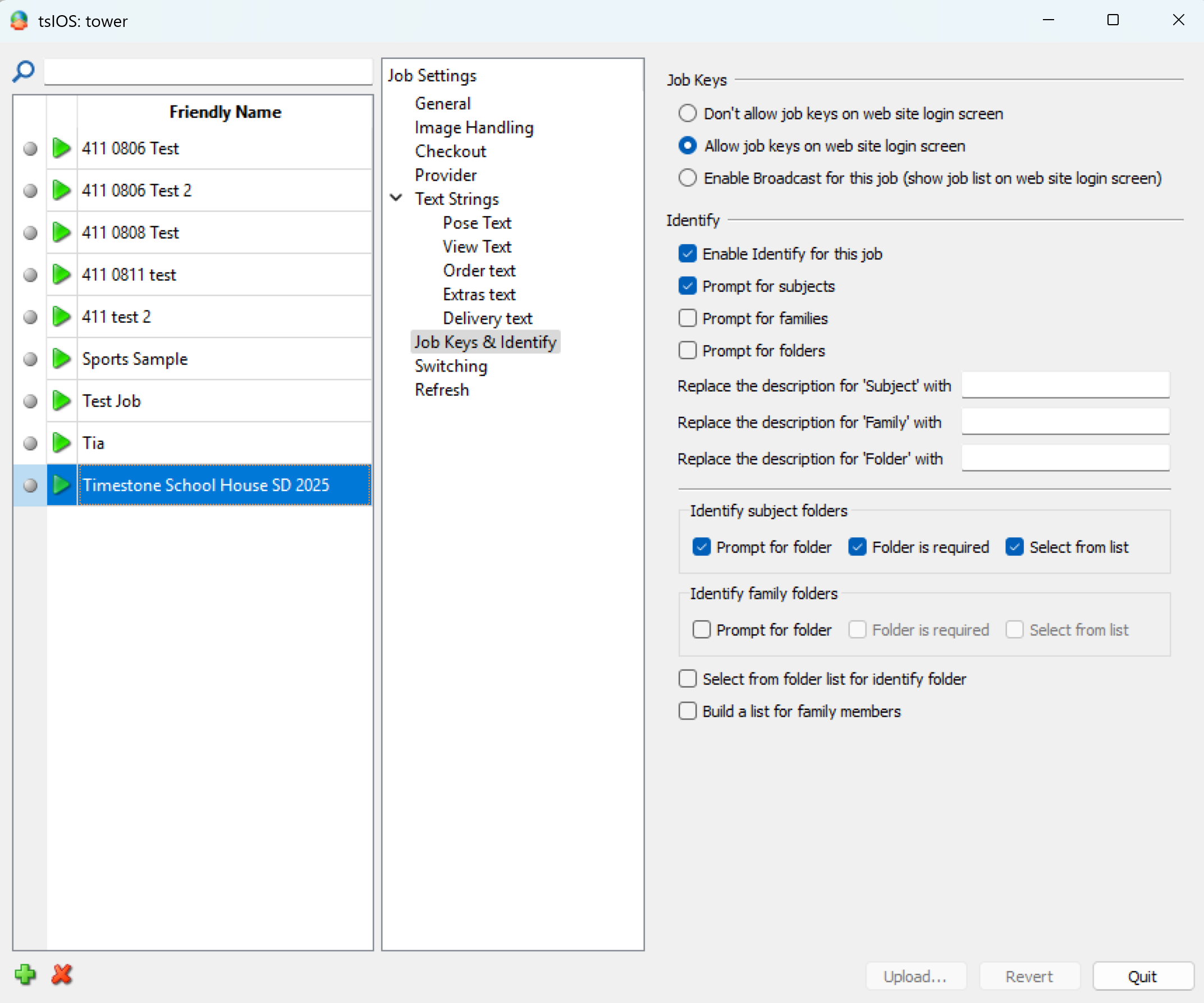 Settings interface for job identification and folder prompts in a software application.
