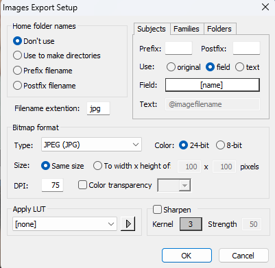 Settings for exporting images in JPEG format with various options displayed.