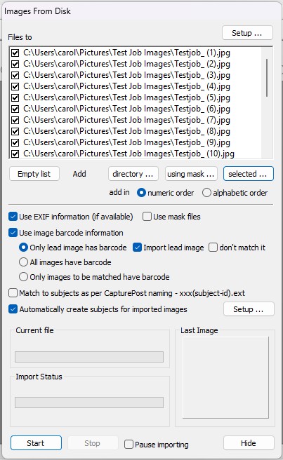 Image import settings with options for file selection and barcode information usage.