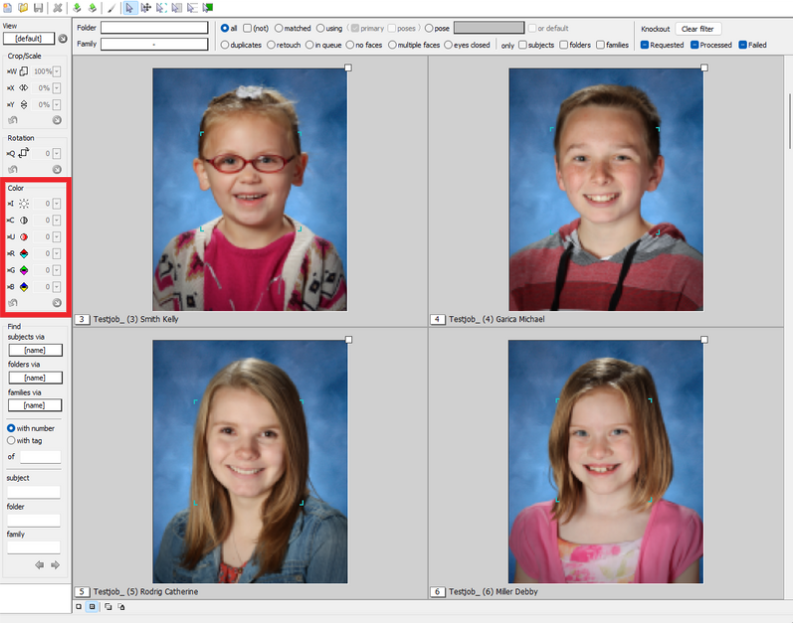 Four children's portraits displayed with names and editing options on the side panel.