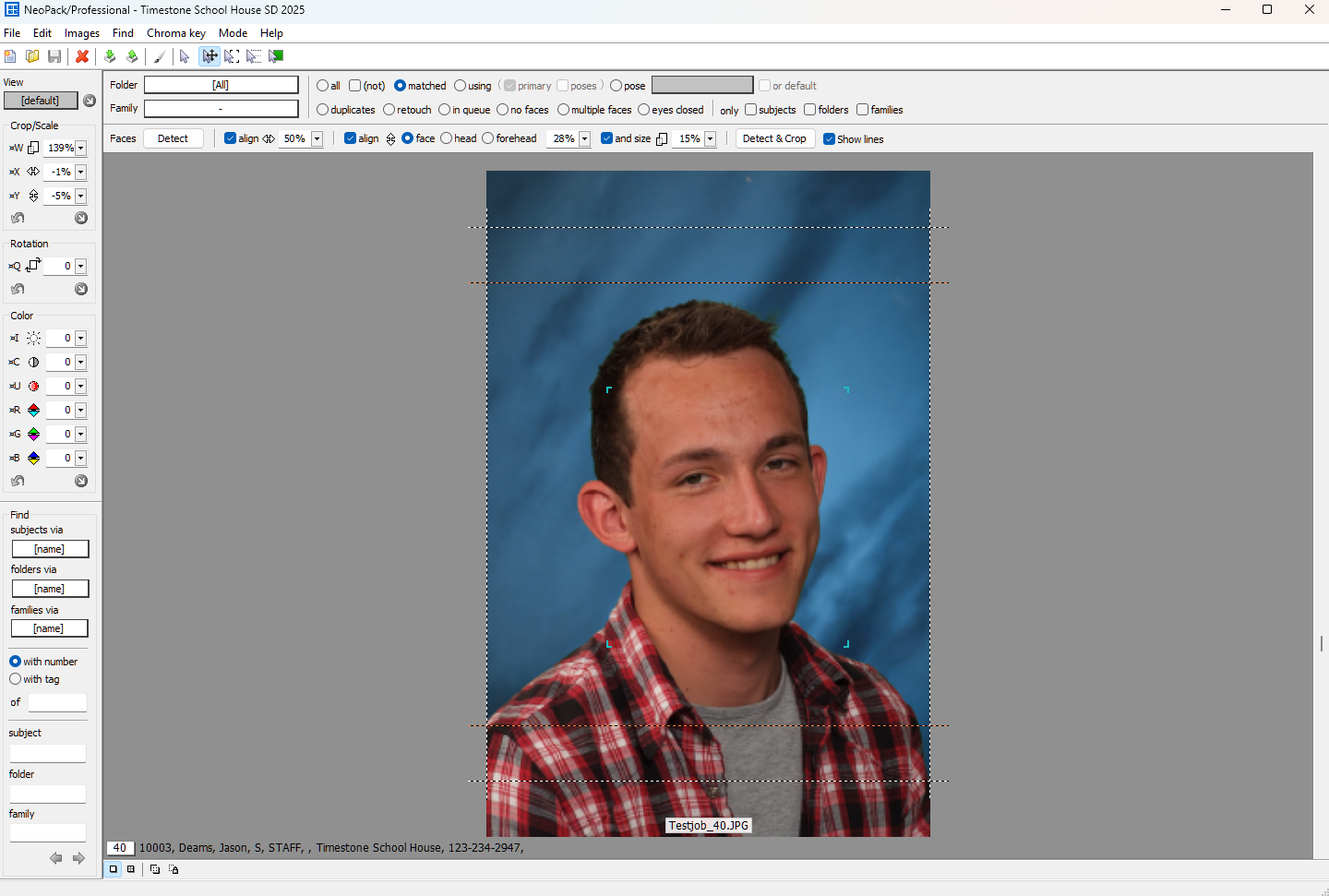 A young man smiling, wearing a plaid shirt, in a photo editing software interface.