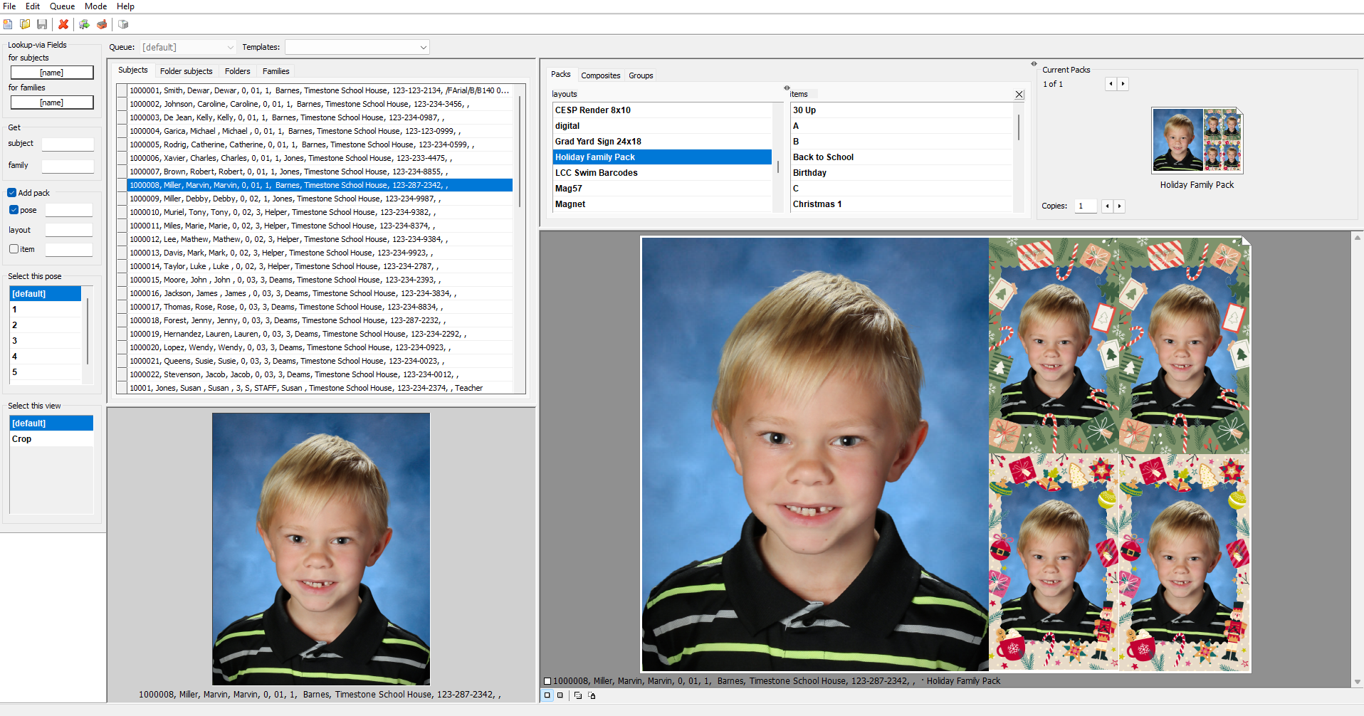 A child’s school photo displayed with various holiday-themed frames and layouts.