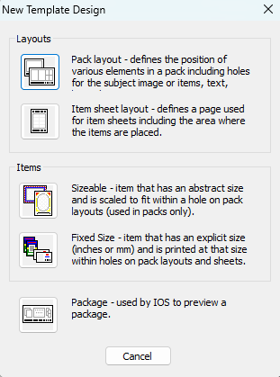 Template design options for layouts and items in a packaging application interface.