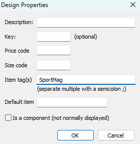 Design properties window showing fields for description, key, price, and item tags.