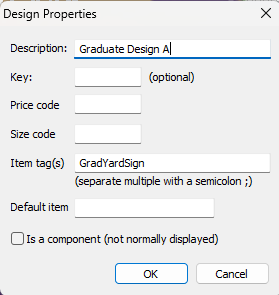 Design properties window for a graduate yard sign with various input fields.