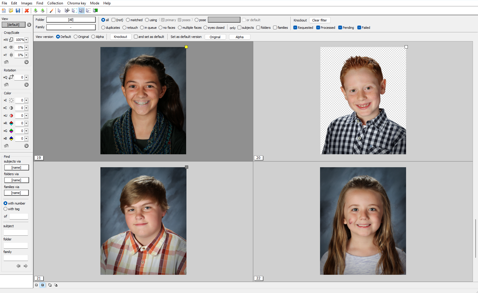 Four student portraits displayed in a grid format, each with a different TNJ knockout indicator.