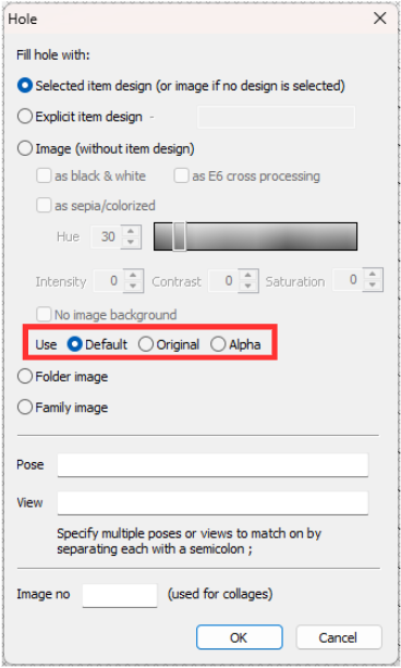 Settings menu for filling holes with various design options and intensity adjustments.