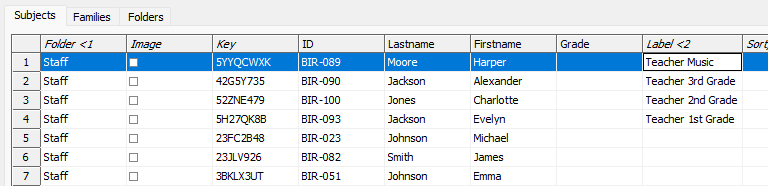 Table displaying staff information including names, grades, and teaching subjects.