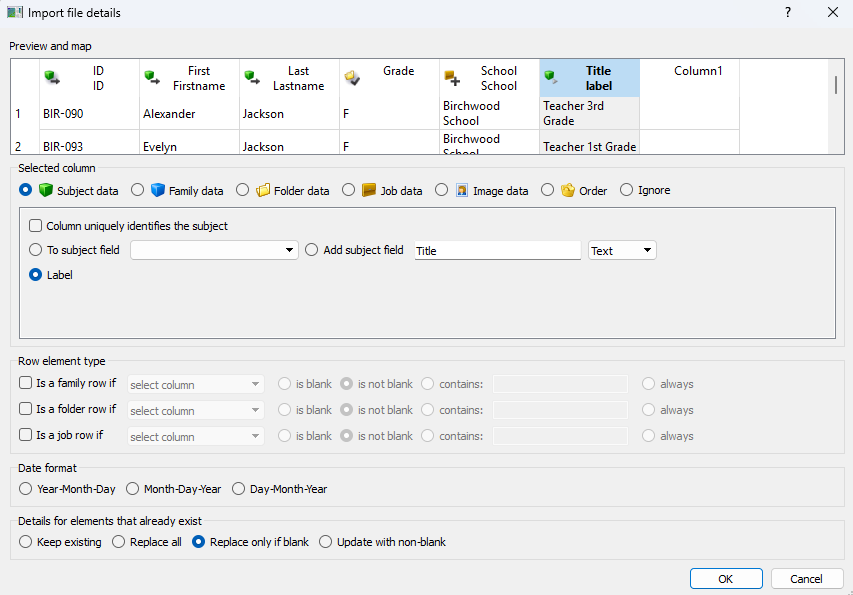 Import file details interface showing student data mapping and column selection options.