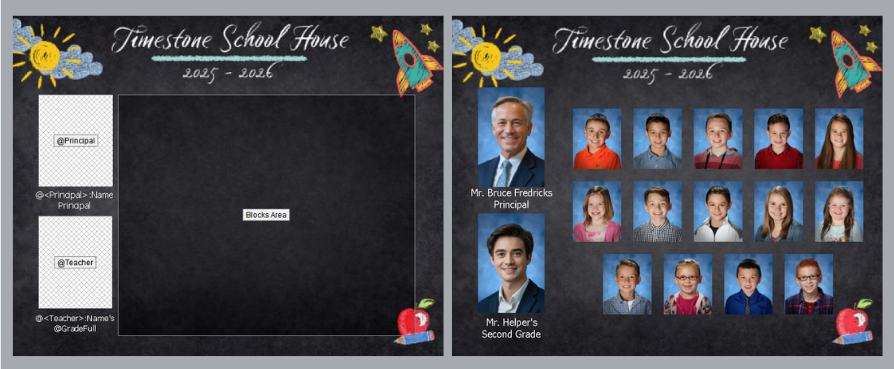 Timestone School House layout featuring principal and second-grade student photos for 2025-2026.