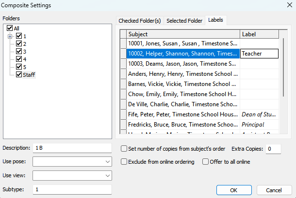 Composite settings window displaying subjects, labels, and folder options for document management.