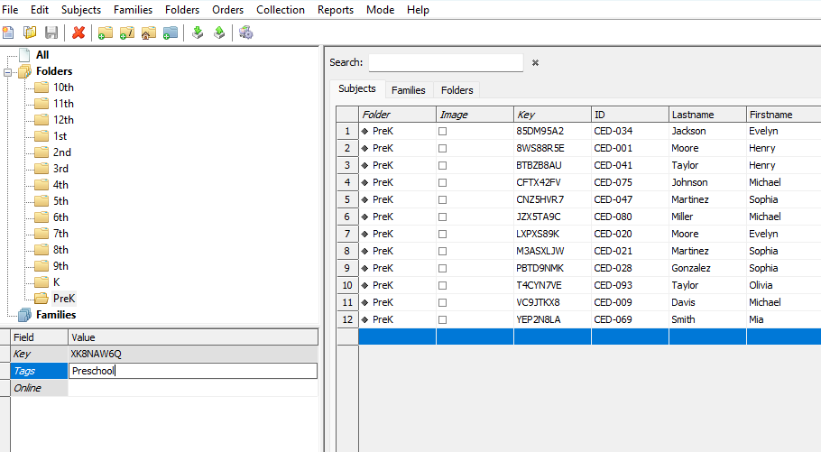 A list of folders and families with key and tag information displayed on a screen.