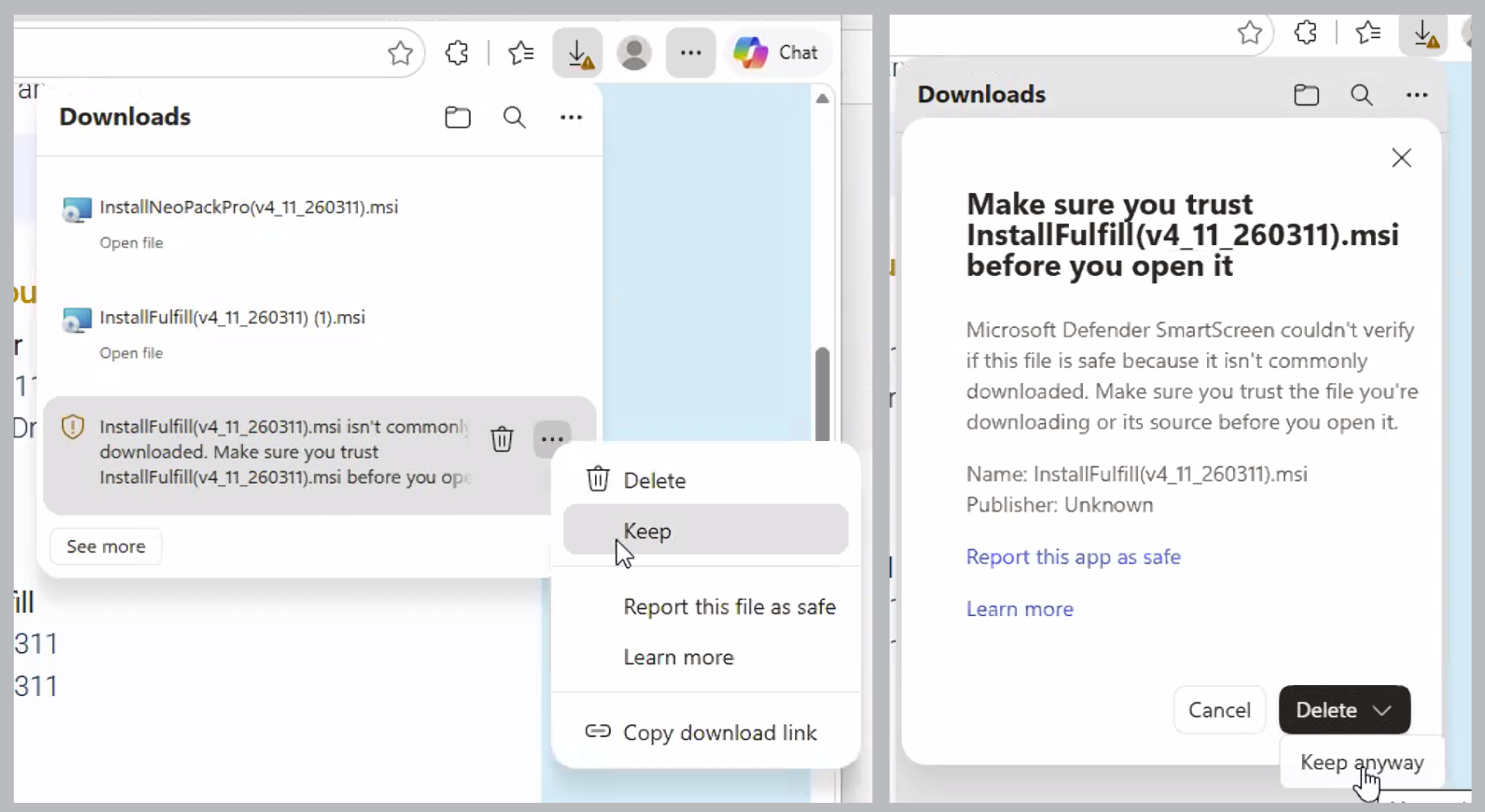 Warning about unverified file download with options to keep or delete it.
