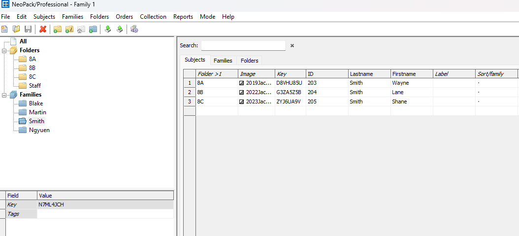 NeoPack Professional interface displaying family folders and member details in a table.