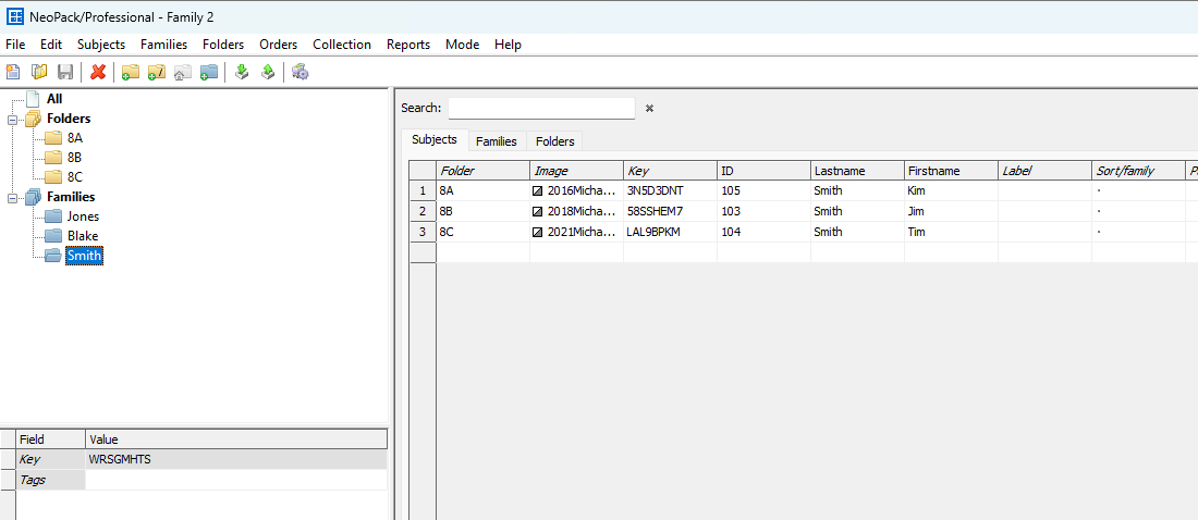 NeoPack Professional interface displaying family folders and member details for Smith family.