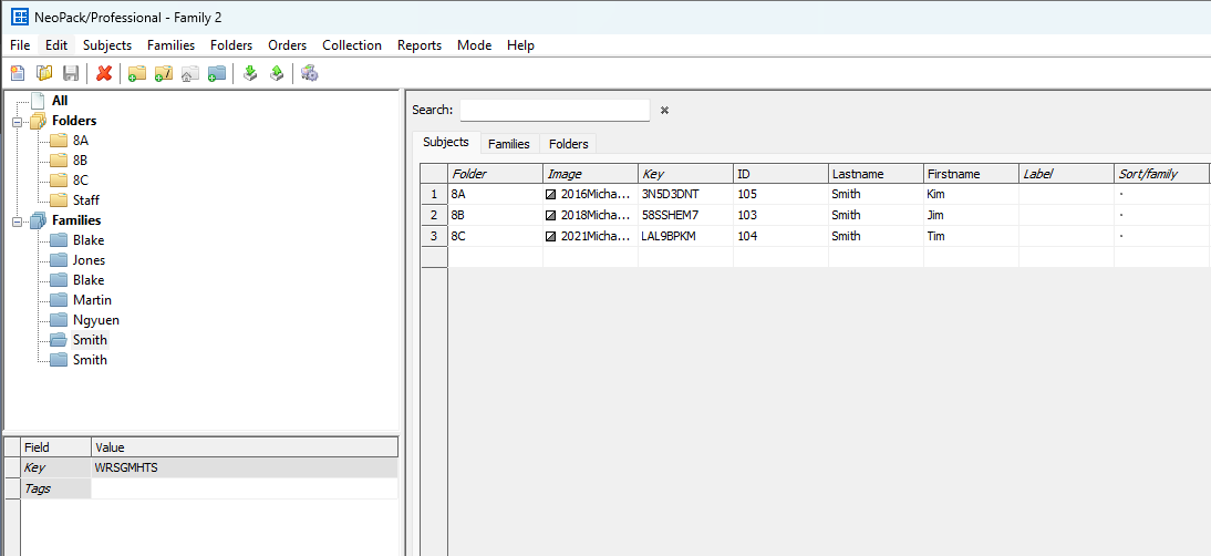 NeoPack interface displaying family folders and member details in a structured format.