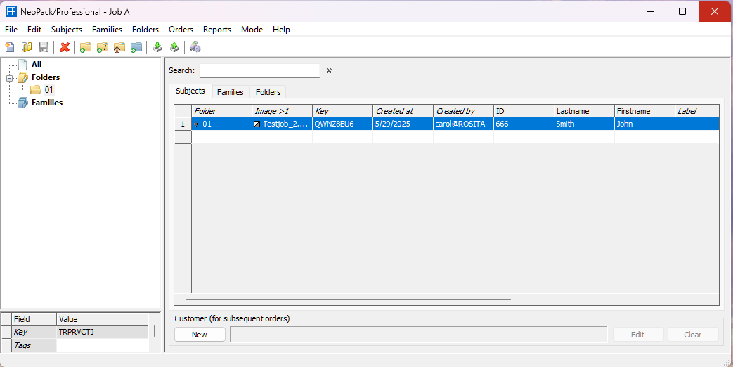NeoPack Professional interface displaying folder and file details for job management.