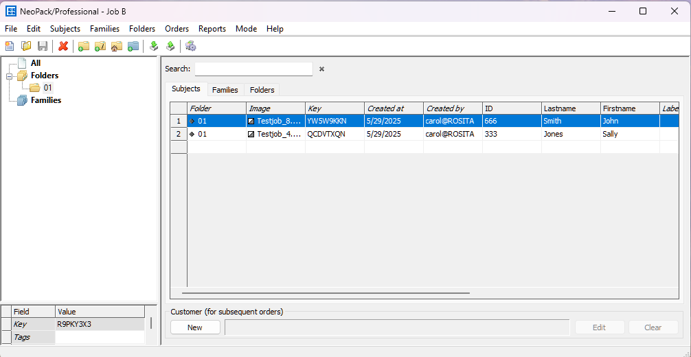 NeoPack Professional interface displaying folders, images, and user details for job management.
