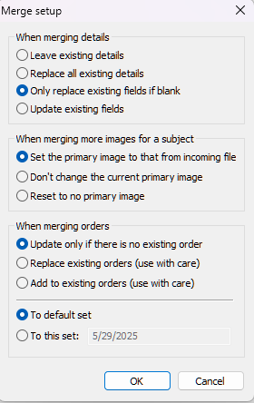 Settings for merging details and orders in a software application interface.