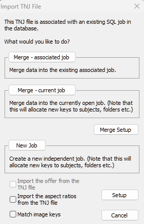 Options for importing a TNJ file associated with an SQL job in the database.