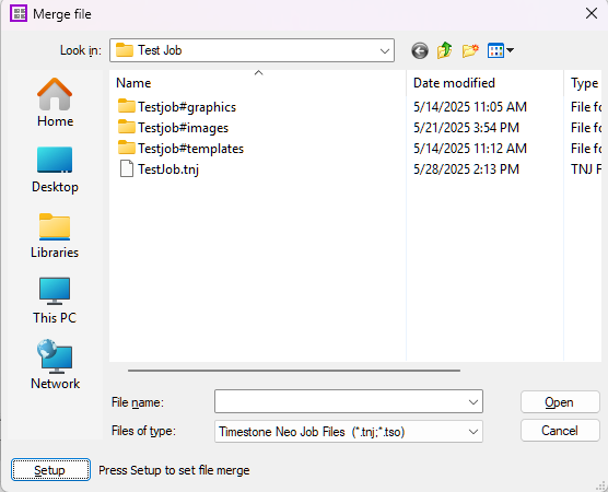 File merge window displaying folders and files for a job setup process.
