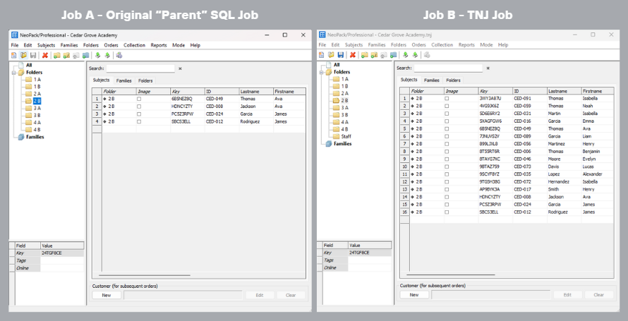 Comparison of two SQL jobs showing different customer data and folder structures.