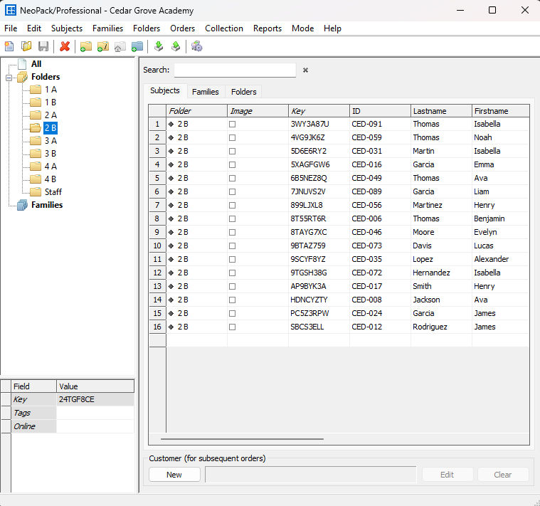 Cedar Grove Academy's NeoPack interface displaying folders and family information.