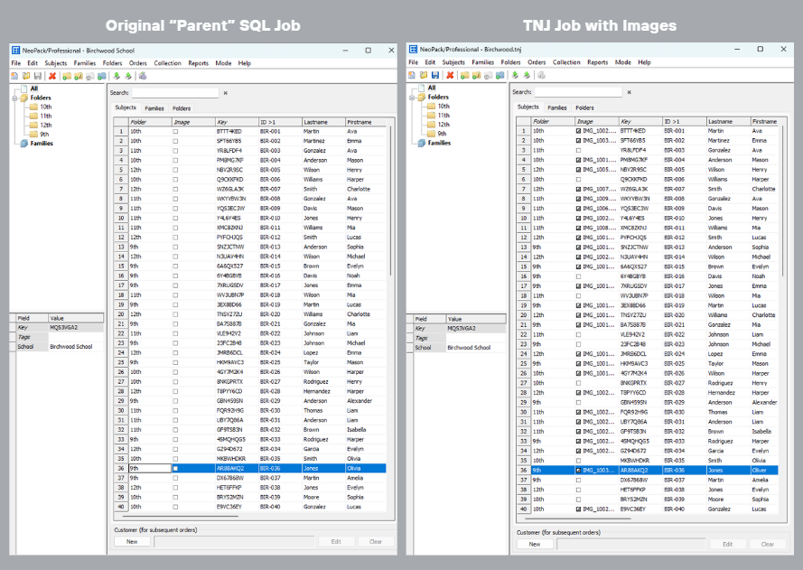 Comparison of two SQL job interfaces showing different folder structures and image references.