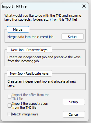 Options for importing TNJ files, including merging and creating new jobs.