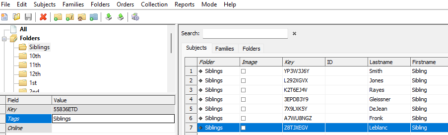 Overview of sibling folders and their associated images in a database interface.
