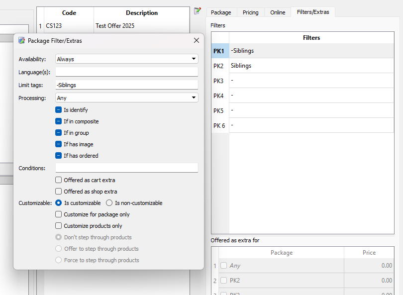 Package filter options including availability, language, and customization settings for siblings.
