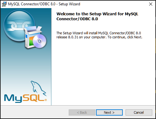 Setup Wizard for MySQL Connector/ODBC 8.0 installation process displayed on screen.
