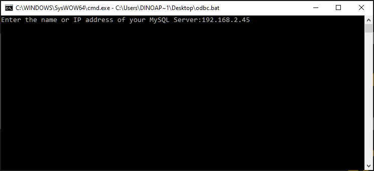 Command prompt displaying MySQL server IP address input request for connection.