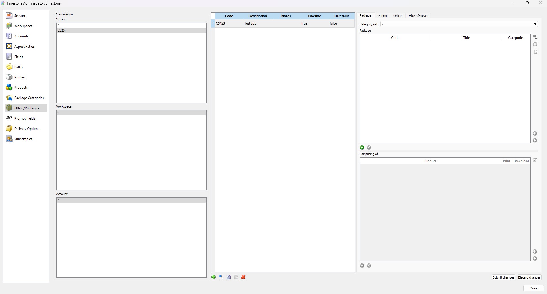 Timestone Administrator interface displaying various sections for managing Offers and packages.