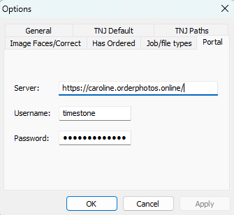Options menu displaying server, username, and password fields for configuration settings.