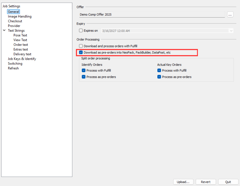 Settings for processing orders, highlighting pre-order download options into specific systems.