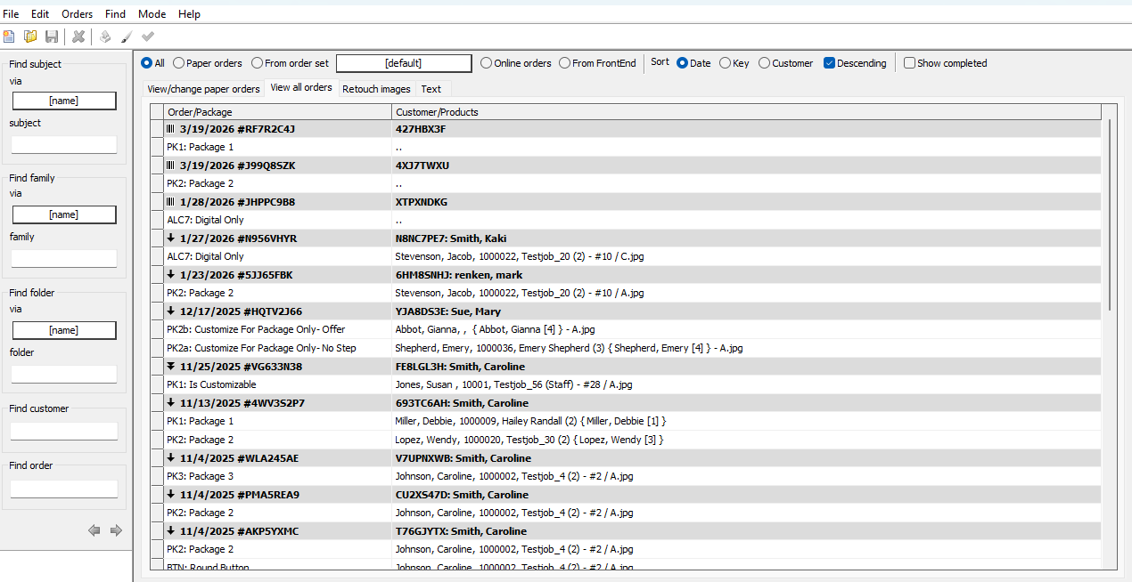 Order details including customer names, package information, and digital order status.